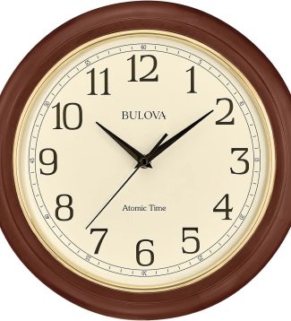 Bulova Atomic Time 2 Analog Wall Clock C5004 | 12.4" Wooden Frame, Sets Time Automatically | Quartz Movement | Battery Operated | Classic Design