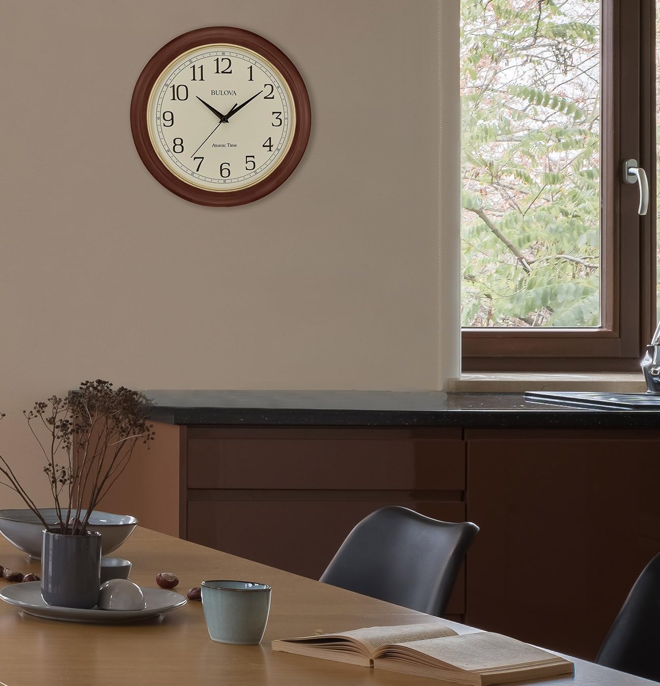 Bulova Atomic Time 2 Analog Wall Clock C5004 | 12.4" Wooden Frame, Sets Time Automatically | Quartz Movement | Battery Operated | Classic Design - Image 3