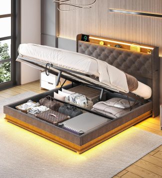 Full Size Bed Frame with Storage, Lift Up Storage Bed Frame, Upholstered Platform Bed, Hydraulic System, Wood Slat, Grey