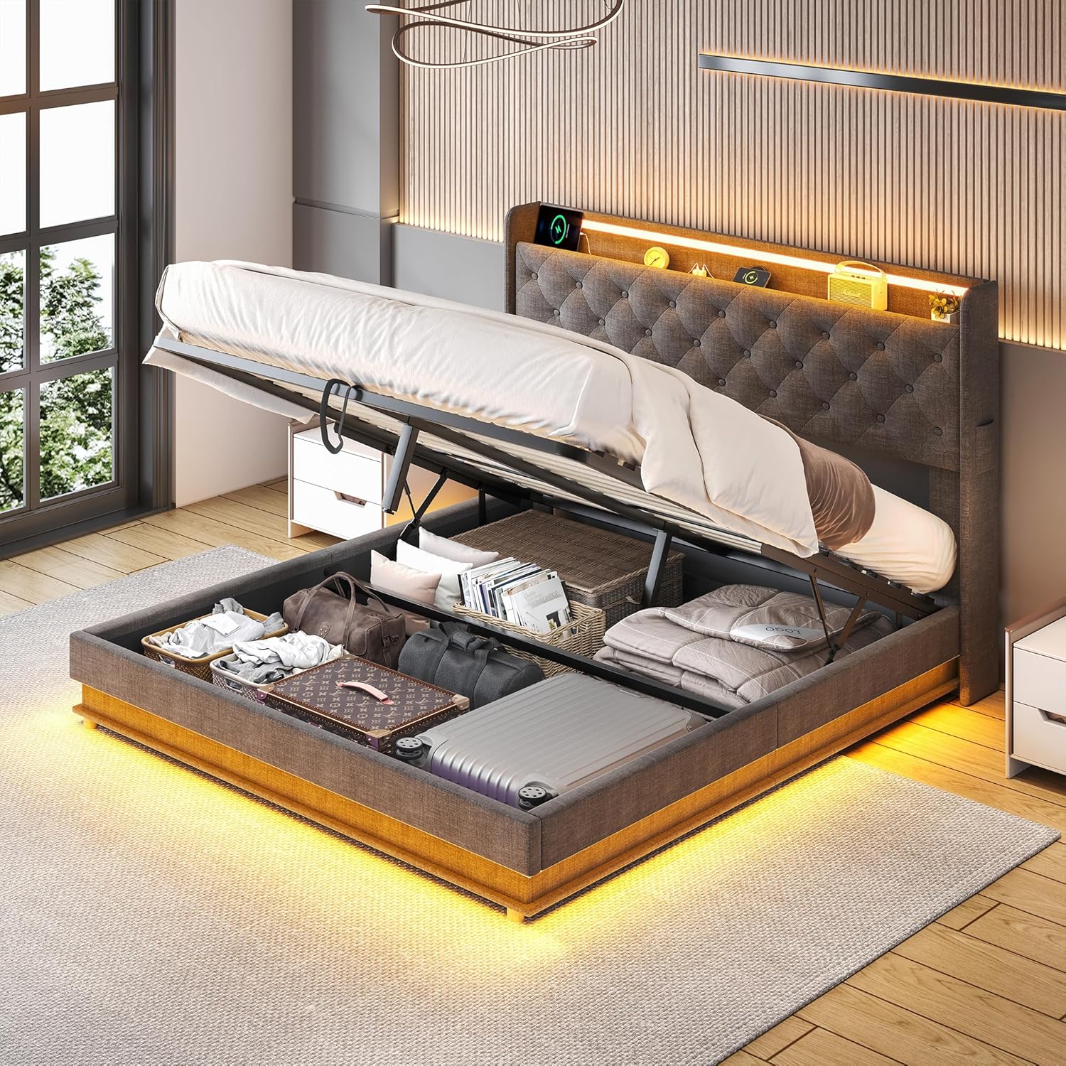 Full Size Bed Frame with Storage, Lift Up Storage Bed Frame, Upholstered Platform Bed, Hydraulic System, Wood Slat, Grey