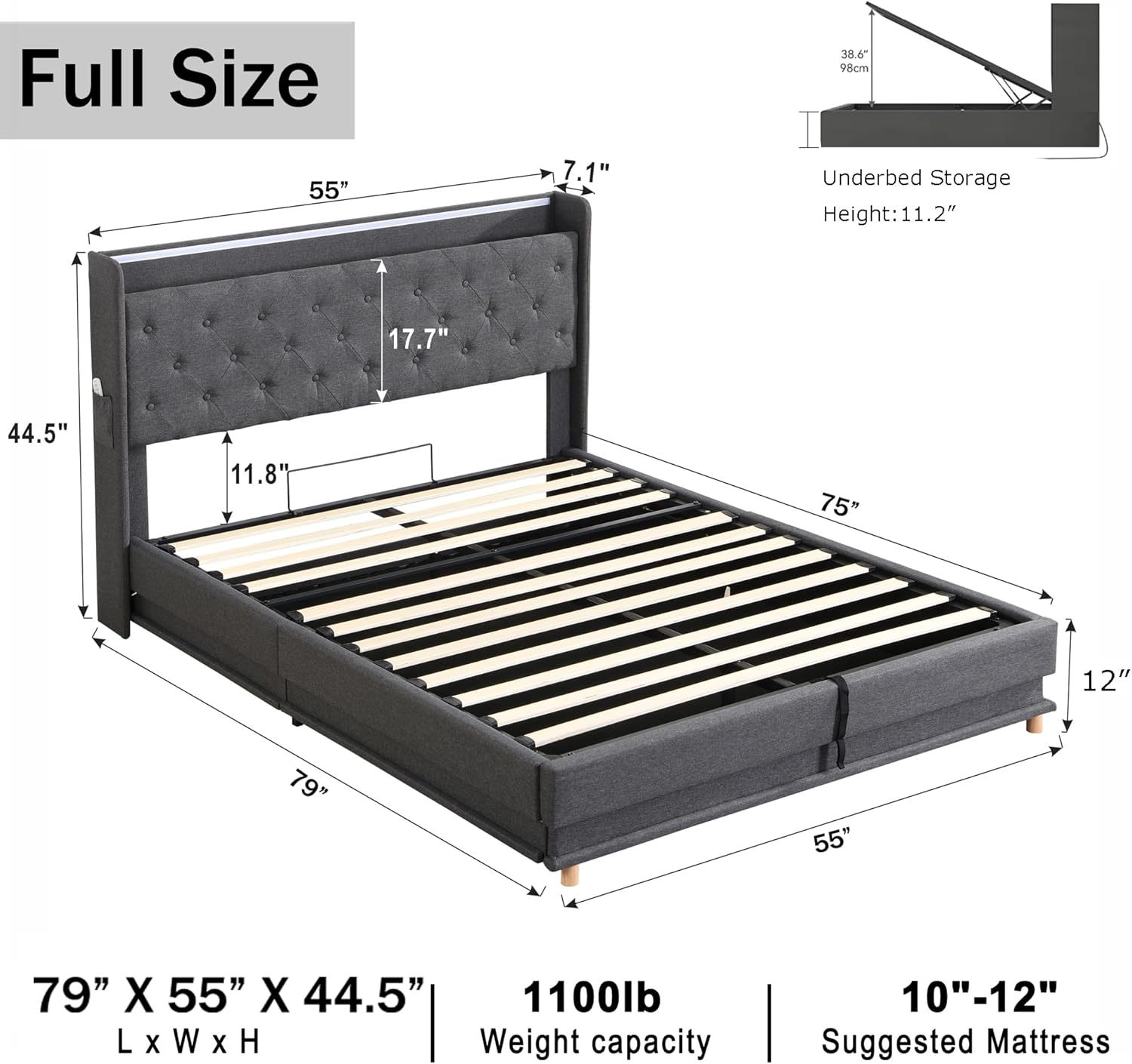 Full Size Bed Frame with Storage, Lift Up Storage Bed Frame, Upholstered Platform Bed, Hydraulic System, Wood Slat, Grey - Image 2