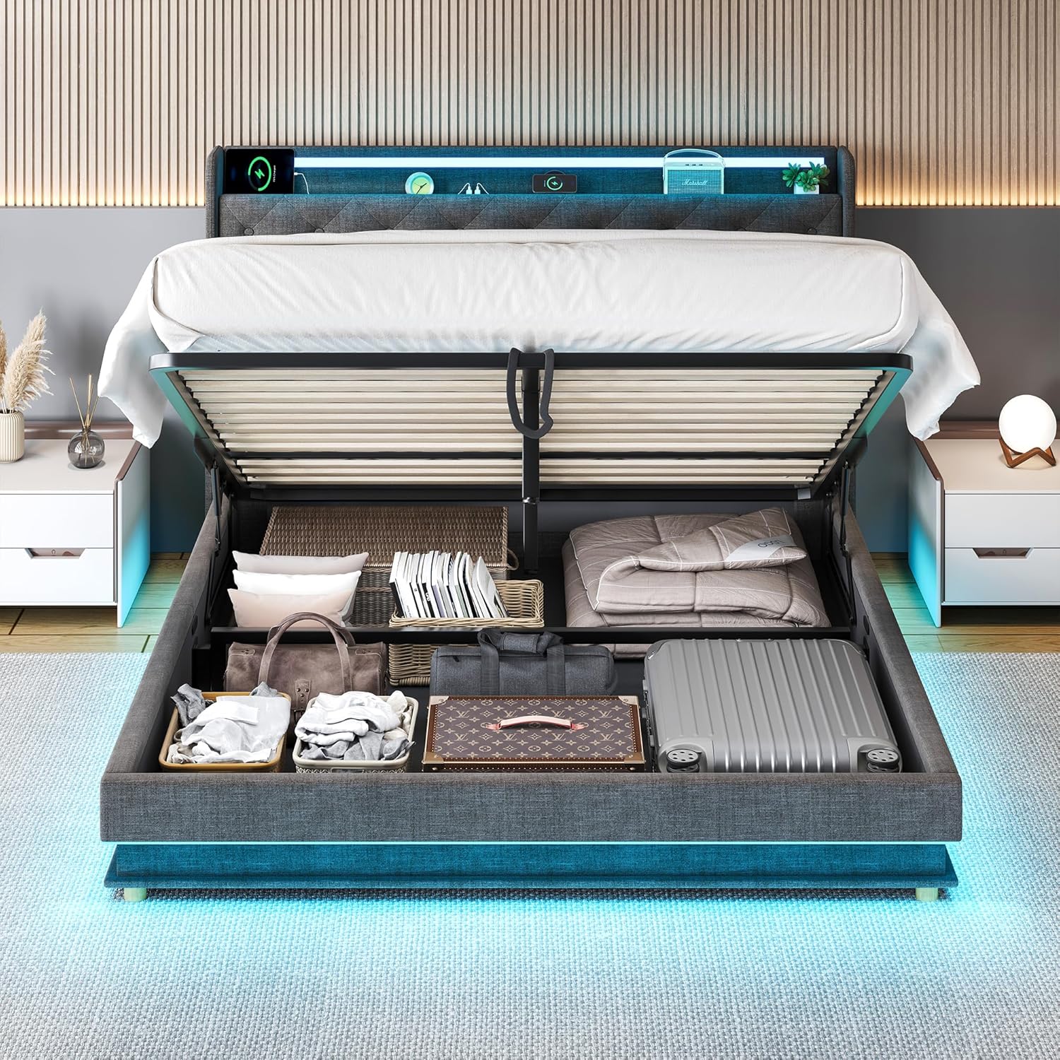 Full Size Bed Frame with Storage, Lift Up Storage Bed Frame, Upholstered Platform Bed, Hydraulic System, Wood Slat, Grey - Image 4