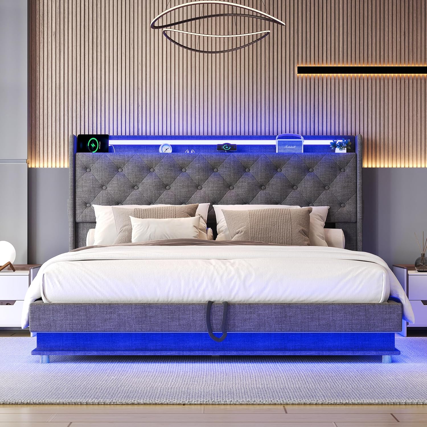 Full Size Bed Frame with Storage, Lift Up Storage Bed Frame, Upholstered Platform Bed, Hydraulic System, Wood Slat, Grey - Image 5