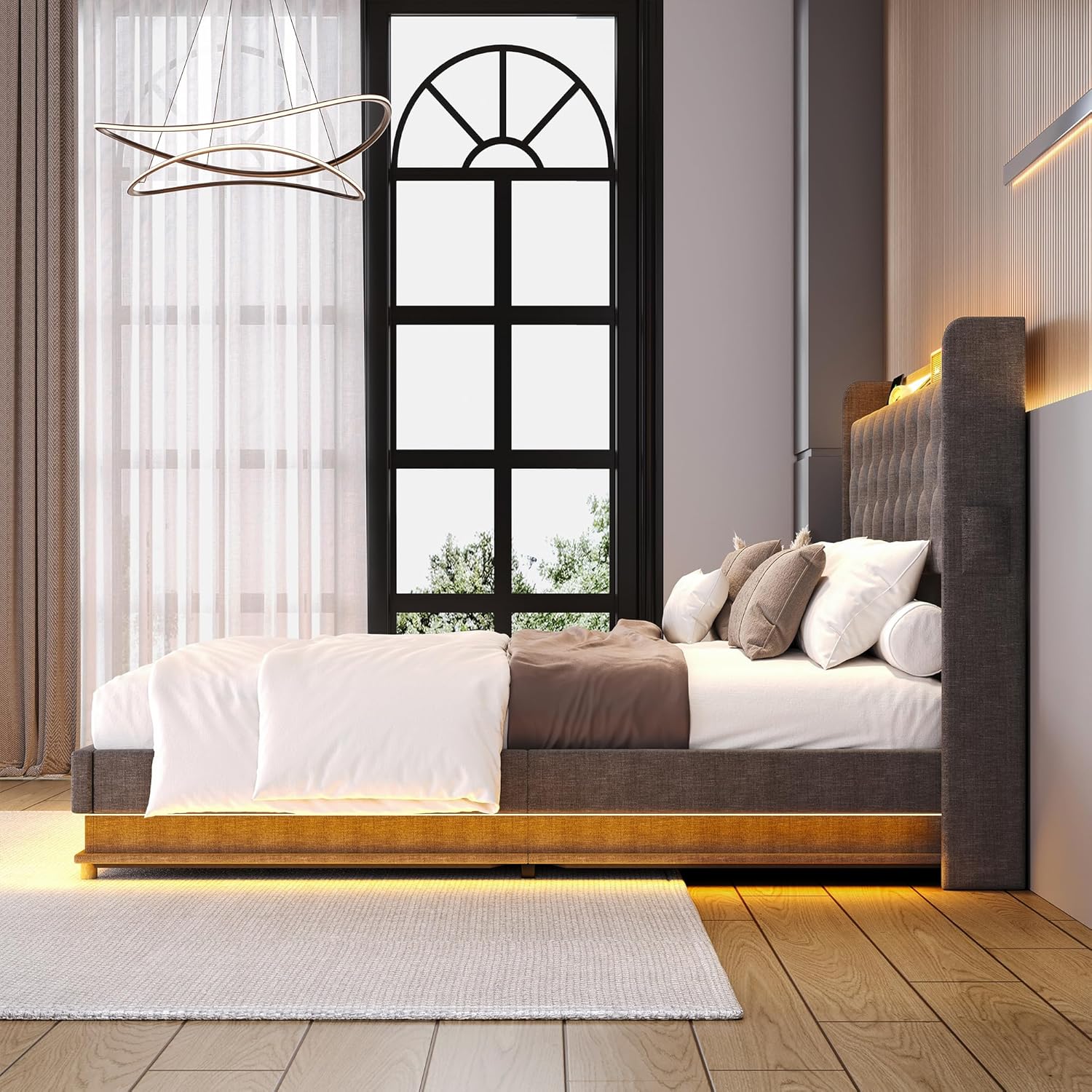 Full Size Bed Frame with Storage, Lift Up Storage Bed Frame, Upholstered Platform Bed, Hydraulic System, Wood Slat, Grey - Image 6