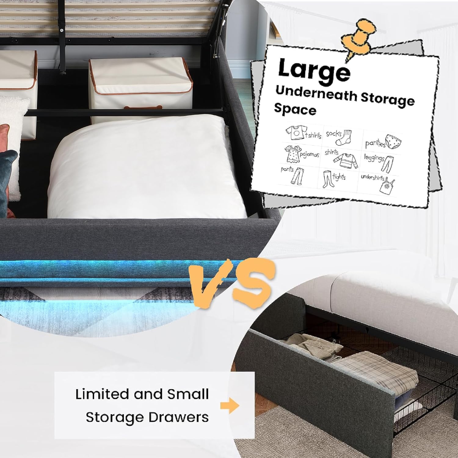 Full Size Bed Frame with Storage, Lift Up Storage Bed Frame, Upholstered Platform Bed, Hydraulic System, Wood Slat, Grey - Image 7