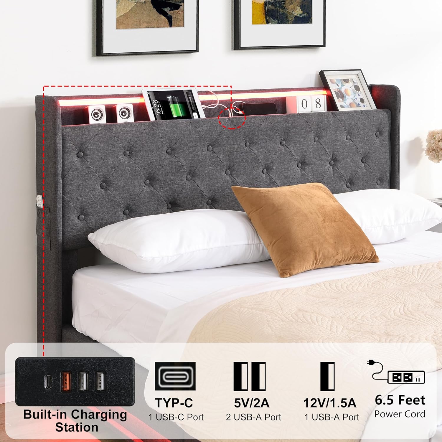 Full Size Bed Frame with Storage, Lift Up Storage Bed Frame, Upholstered Platform Bed, Hydraulic System, Wood Slat, Grey - Image 8
