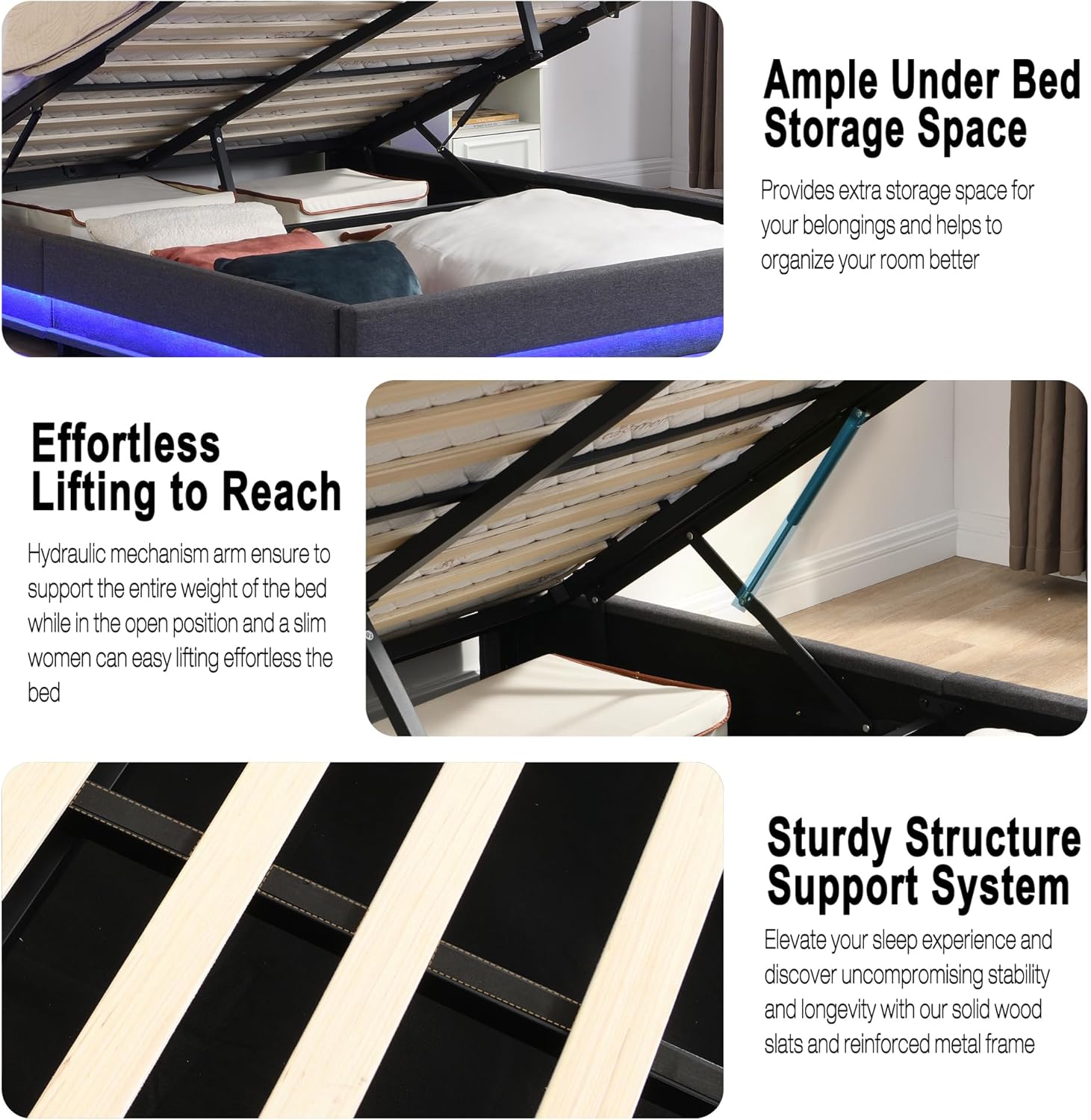 Full Size Bed Frame with Storage, Lift Up Storage Bed Frame, Upholstered Platform Bed, Hydraulic System, Wood Slat, Grey - Image 9