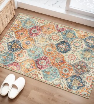 Lahome Moroccan Trellis Washable Rug, 2x3 Kitchen Rugs for Entryway Bathroom, Non-Slip Indoor Door Mat Ultra-Thin, Small Oriental Throw Carpet for Bedroom Entry, Cream/Multi
