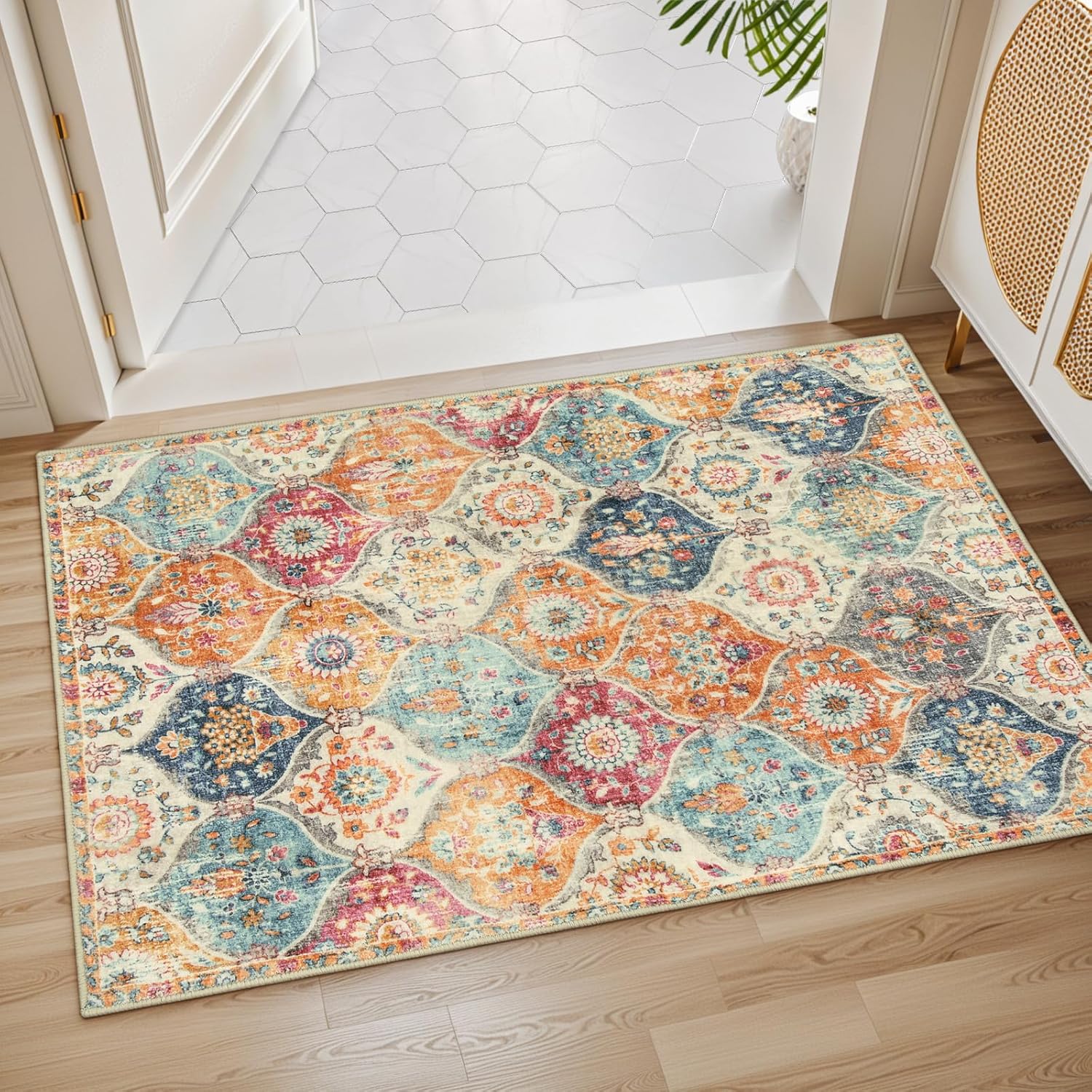 Lahome Moroccan Trellis Washable Rug, 2x3 Kitchen Rugs for Entryway Bathroom, Non-Slip Indoor Door Mat Ultra-Thin, Small Oriental Throw Carpet for Bedroom Entry, Cream/Multi - Image 4