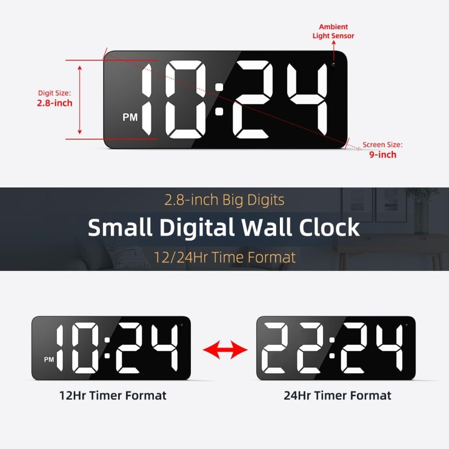 LED Digital Wall Clock with Large Display, Big Digits, Auto-Dimming, 12/24Hr Format, Modern Electric Small Silent Wall Clock for Living Room, Bedroom, Classroom, Farmhouse, Kitchen, Office - White - Image 3