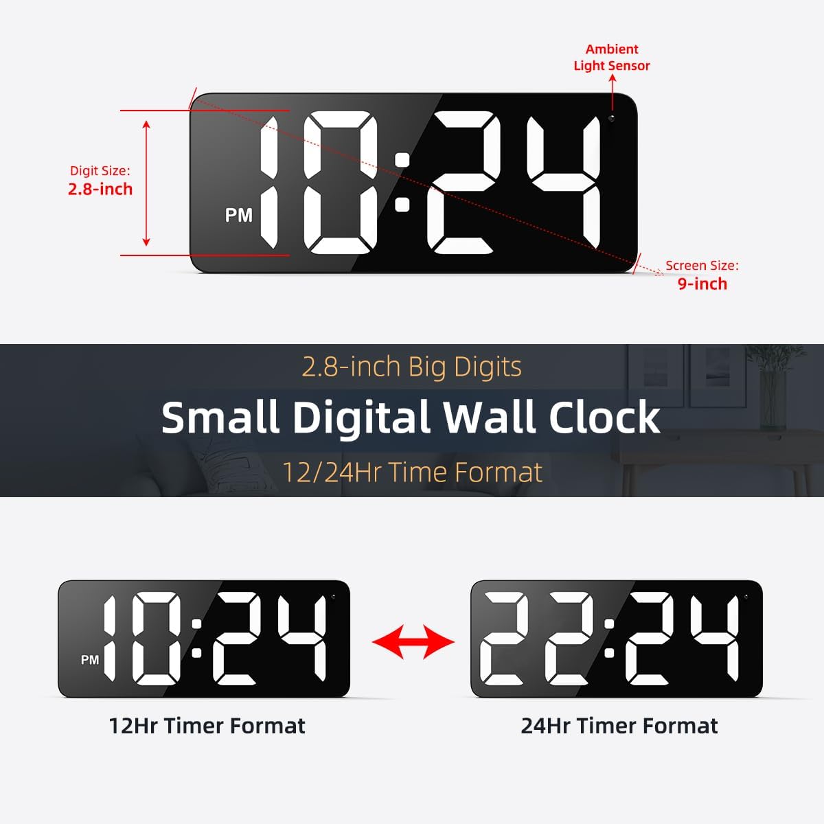 LED Digital Wall Clock with Large Display, Big Digits, Auto-Dimming, 12/24Hr Format, Modern Electric Small Silent Wall Clock for Living Room, Bedroom, Classroom, Farmhouse, Kitchen, Office - White - Image 3