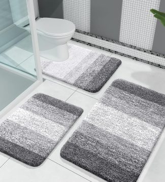 OLANLY Bathroom Rugs Sets 3 Piece, Soft Absorbent Microfiber Bath Mats and U-Shaped Contour Toilet Rug, Non-Slip, Home Decor Accessories, Plush Shaggy Bath Mat Set for Bathroom, Grey