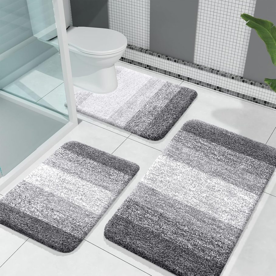 OLANLY Bathroom Rugs Sets 3 Piece, Soft Absorbent Microfiber Bath Mats and U-Shaped Contour Toilet Rug, Non-Slip, Home Decor Accessories, Plush Shaggy Bath Mat Set for Bathroom, Grey