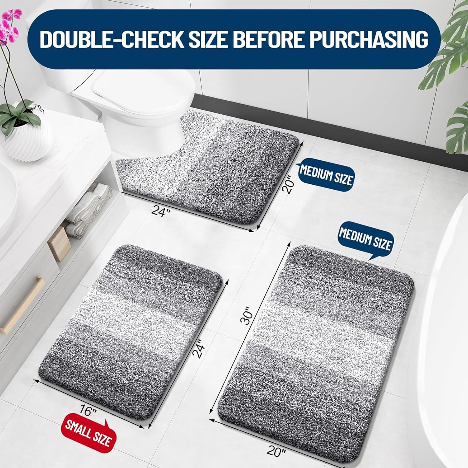 OLANLY Bathroom Rugs Sets 3 Piece, Soft Absorbent Microfiber Bath Mats and U-Shaped Contour Toilet Rug, Non-Slip, Home Decor Accessories, Plush Shaggy Bath Mat Set for Bathroom, Grey - Image 3