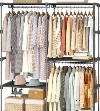 Portable Closet Wardrobe, 54.5 Inch Wide Clothing Storage Organizer with 6 Shelves and 3 Hanging Rods, Non-Woven Fabric Cover, Large Capacity for Bedroom, Cloakroom, Black