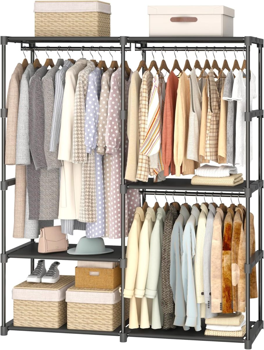 Portable Closet Wardrobe, 54.5 Inch Wide Clothing Storage Organizer with 6 Shelves and 3 Hanging Rods, Non-Woven Fabric Cover, Large Capacity for Bedroom, Cloakroom, Black