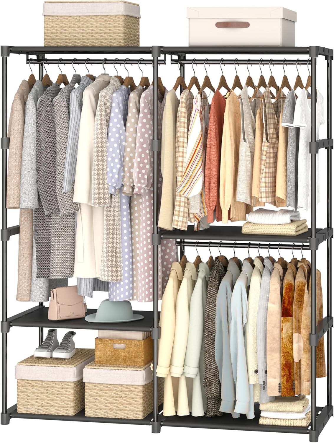 Portable Closet Wardrobe, 54.5 Inch Wide Clothing Storage Organizer with 6 Shelves and 3 Hanging Rods, Non-Woven Fabric Cover, Large Capacity for Bedroom, Cloakroom, Black