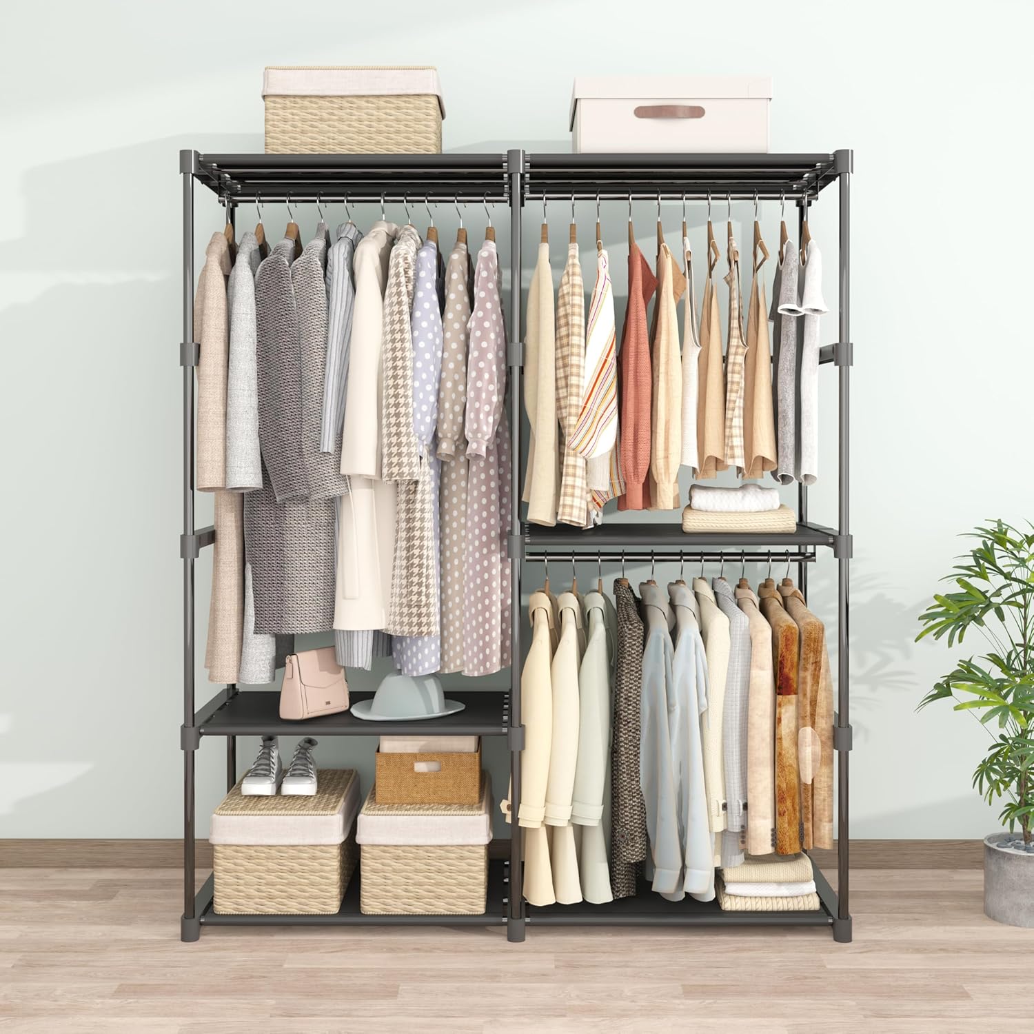 Portable Closet Wardrobe, 54.5 Inch Wide Clothing Storage Organizer with 6 Shelves and 3 Hanging Rods, Non-Woven Fabric Cover, Large Capacity for Bedroom, Cloakroom, Black - Image 2