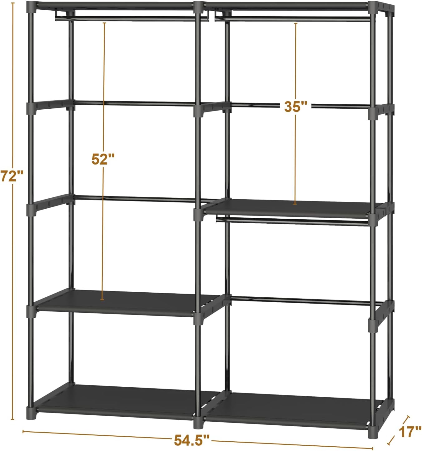Portable Closet Wardrobe, 54.5 Inch Wide Clothing Storage Organizer with 6 Shelves and 3 Hanging Rods, Non-Woven Fabric Cover, Large Capacity for Bedroom, Cloakroom, Black - Image 3