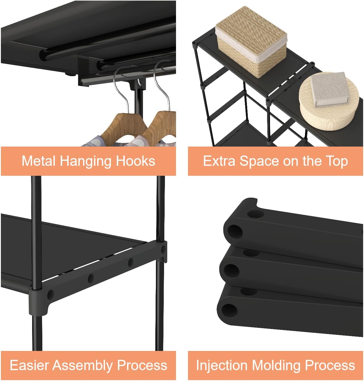 Portable Closet Wardrobe, 54.5 Inch Wide Clothing Storage Organizer with 6 Shelves and 3 Hanging Rods, Non-Woven Fabric Cover, Large Capacity for Bedroom, Cloakroom, Black - Image 5