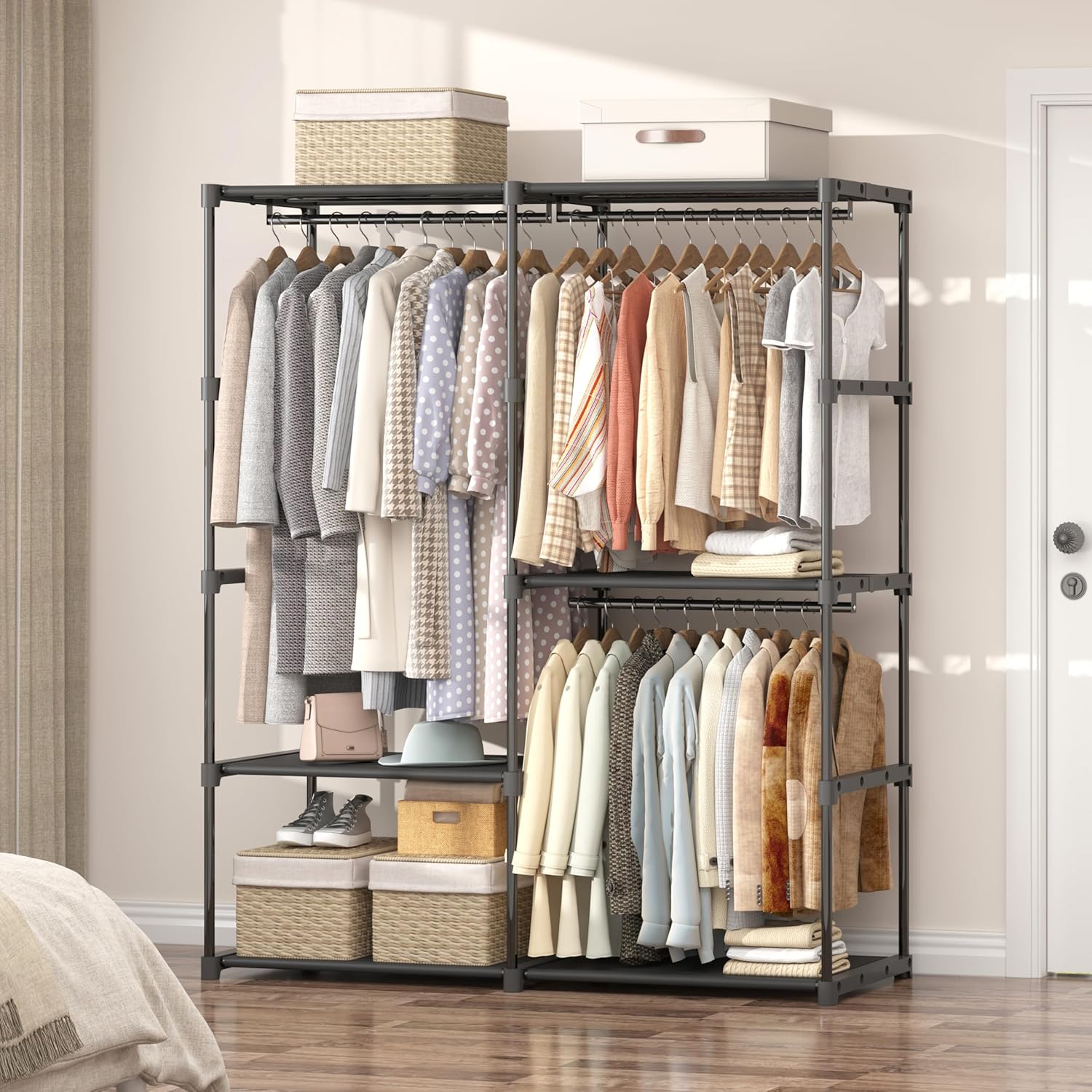Portable Closet Wardrobe, 54.5 Inch Wide Clothing Storage Organizer with 6 Shelves and 3 Hanging Rods, Non-Woven Fabric Cover, Large Capacity for Bedroom, Cloakroom, Black - Image 6