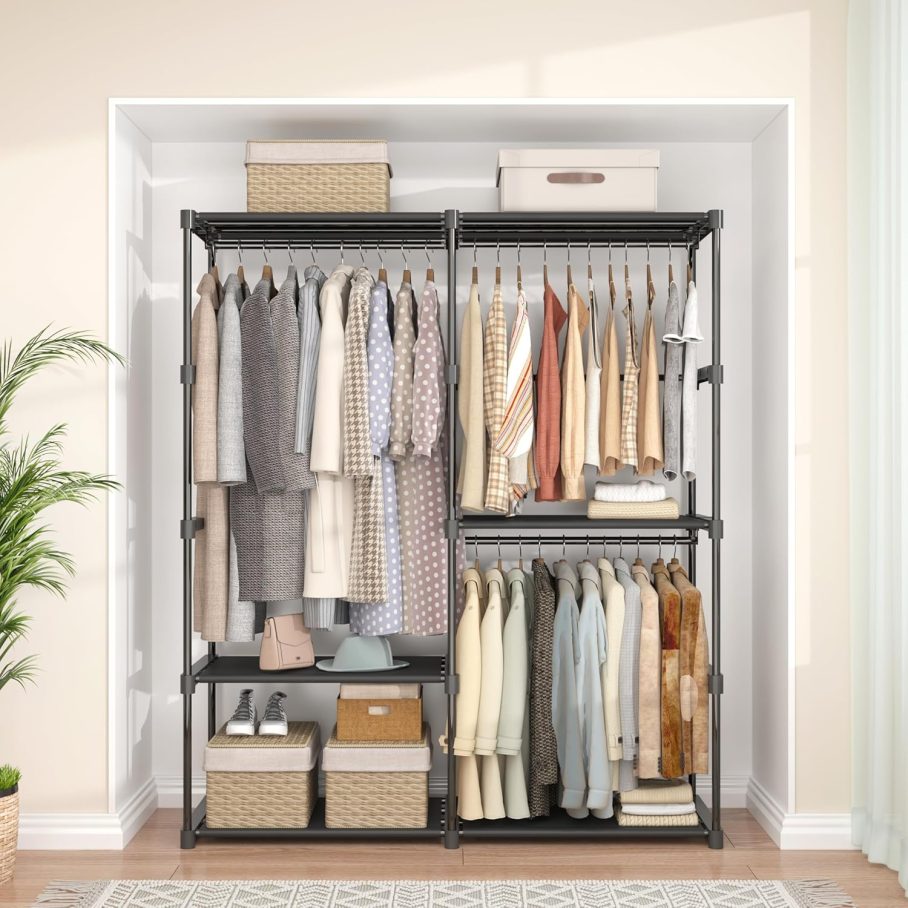 Portable Closet Wardrobe, 54.5 Inch Wide Clothing Storage Organizer with 6 Shelves and 3 Hanging Rods, Non-Woven Fabric Cover, Large Capacity for Bedroom, Cloakroom, Black - Image 7