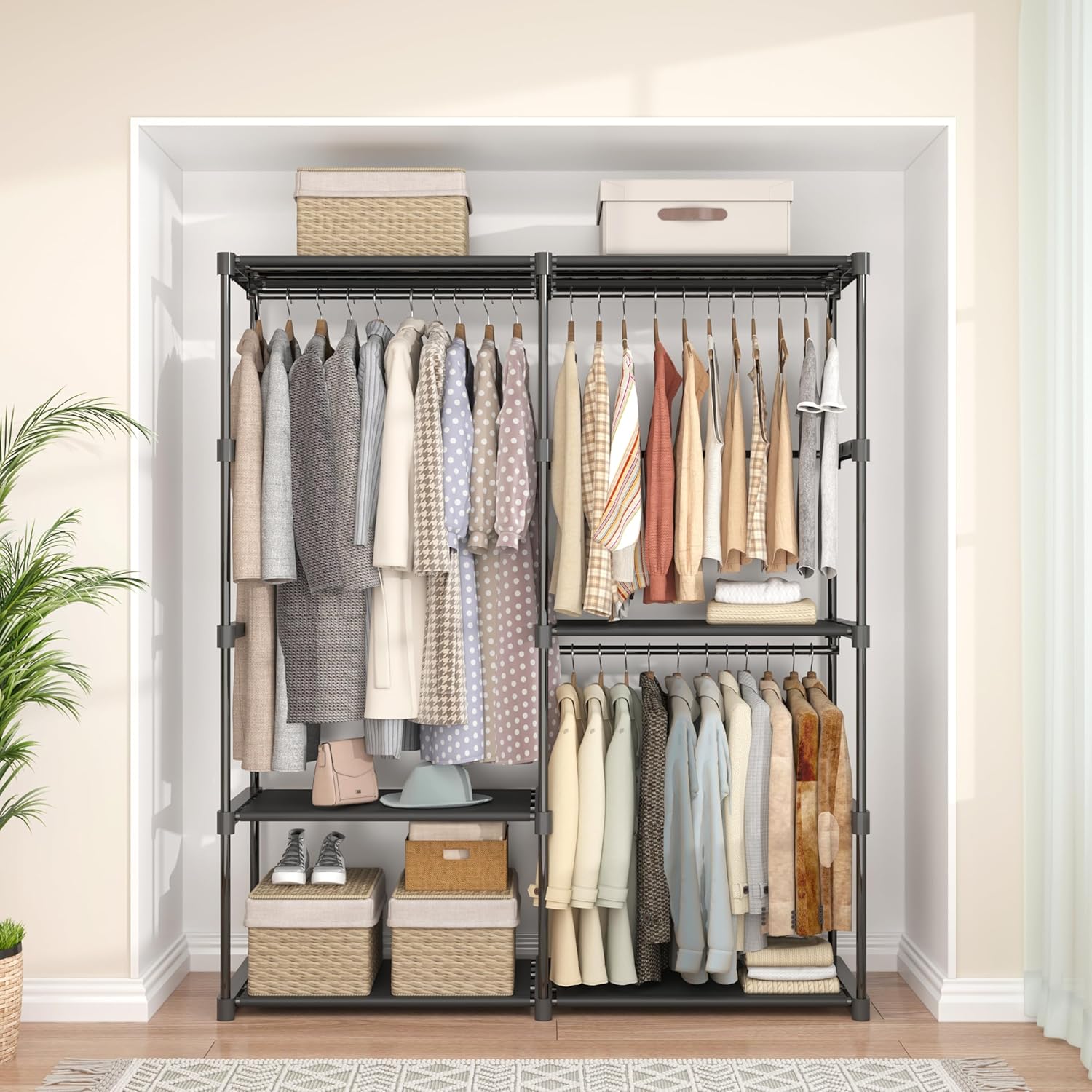 Portable Closet Wardrobe, 54.5 Inch Wide Clothing Storage Organizer with 6 Shelves and 3 Hanging Rods, Non-Woven Fabric Cover, Large Capacity for Bedroom, Cloakroom, Black - Image 7