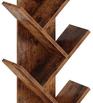Rolanstar Bookshelf with Drawer, 7 Shelf Tree Bookshelf, Wooden Bookshelves Storage Rack for CDs/Movies/Books, Rustic Brown Bookcase, Utility Organizer Shelves for Living Room, Bedroom
