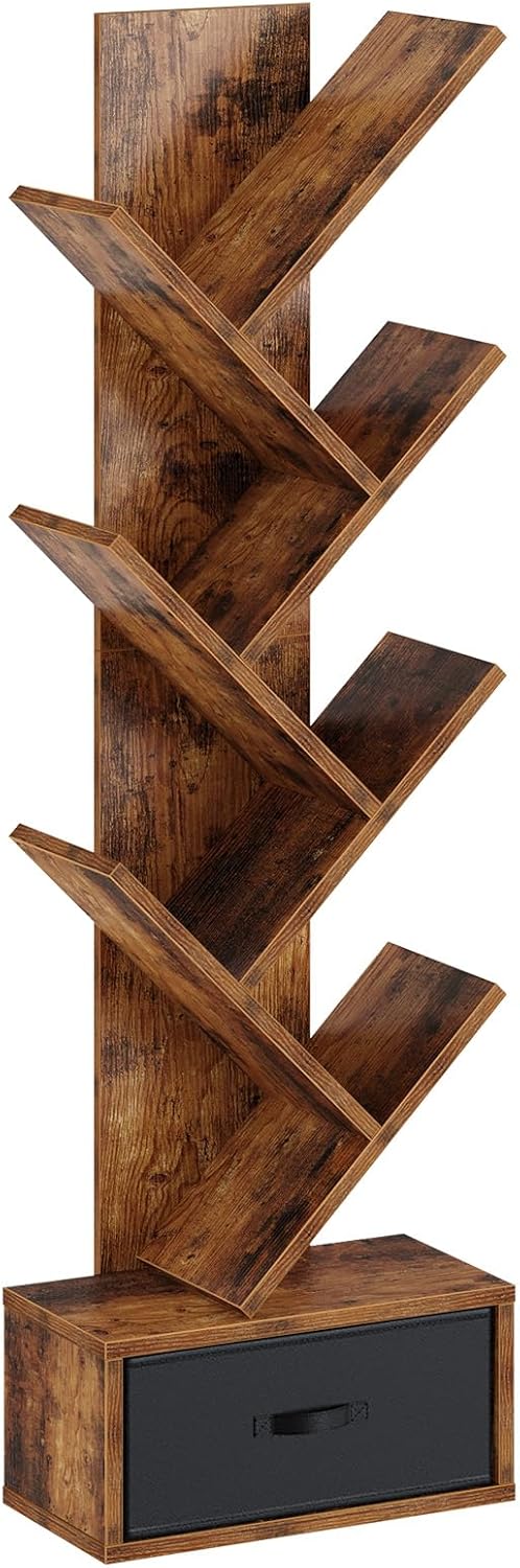 Rolanstar Bookshelf with Drawer, 7 Shelf Tree Bookshelf, Wooden Bookshelves Storage Rack for CDs/Movies/Books, Rustic Brown Bookcase, Utility Organizer Shelves for Living Room, Bedroom