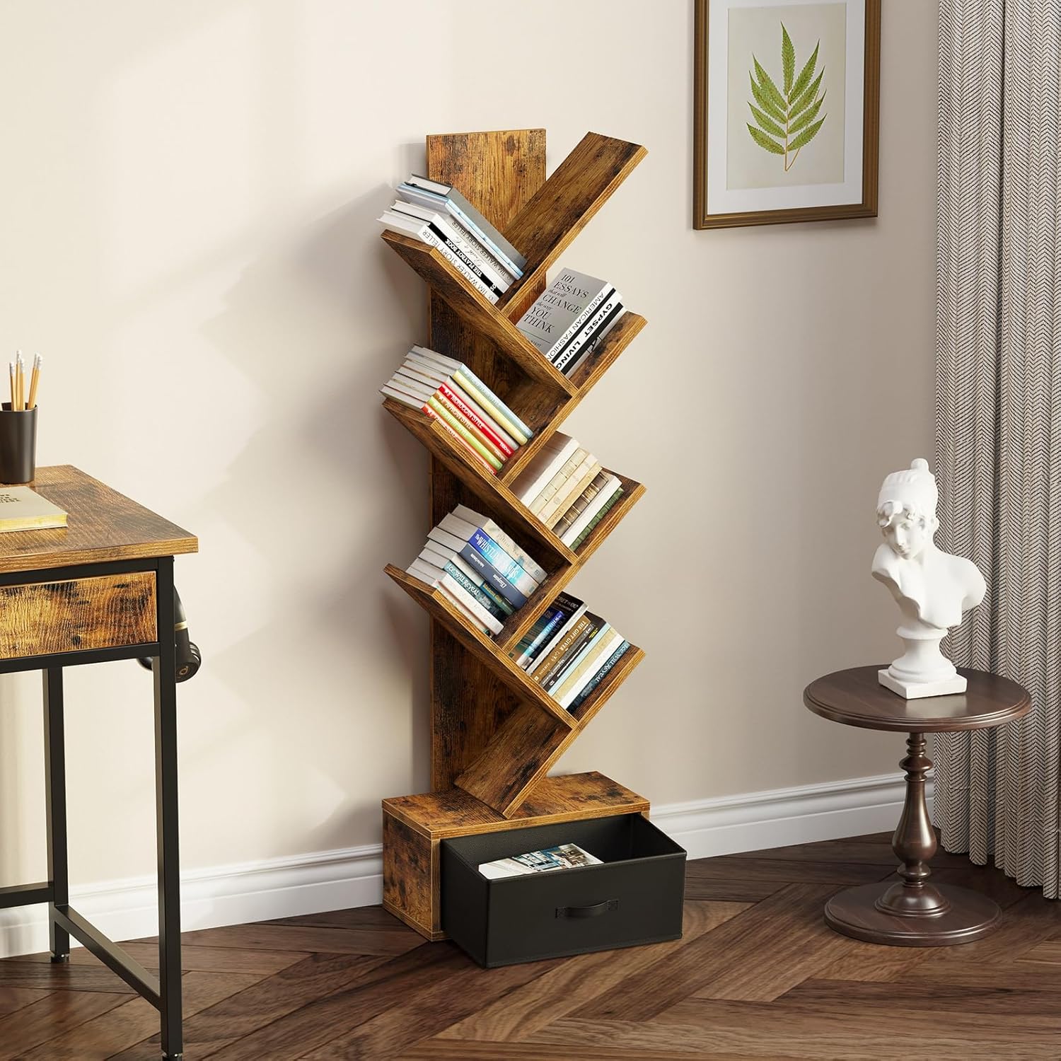 Rolanstar Bookshelf with Drawer, 7 Shelf Tree Bookshelf, Wooden Bookshelves Storage Rack for CDs/Movies/Books, Rustic Brown Bookcase, Utility Organizer Shelves for Living Room, Bedroom - Image 2