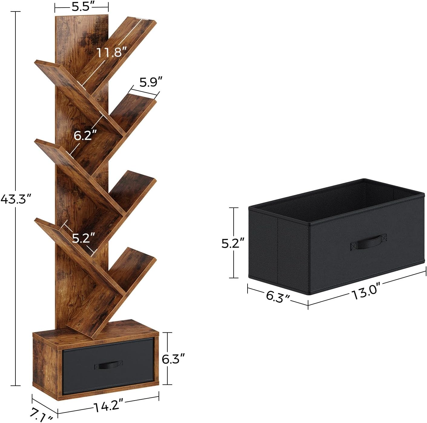 Rolanstar Bookshelf with Drawer, 7 Shelf Tree Bookshelf, Wooden Bookshelves Storage Rack for CDs/Movies/Books, Rustic Brown Bookcase, Utility Organizer Shelves for Living Room, Bedroom - Image 3