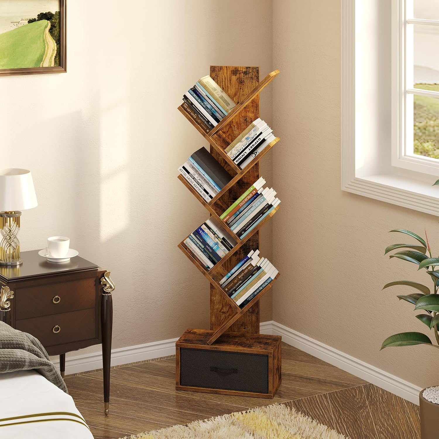Rolanstar Bookshelf with Drawer, 7 Shelf Tree Bookshelf, Wooden Bookshelves Storage Rack for CDs/Movies/Books, Rustic Brown Bookcase, Utility Organizer Shelves for Living Room, Bedroom - Image 4