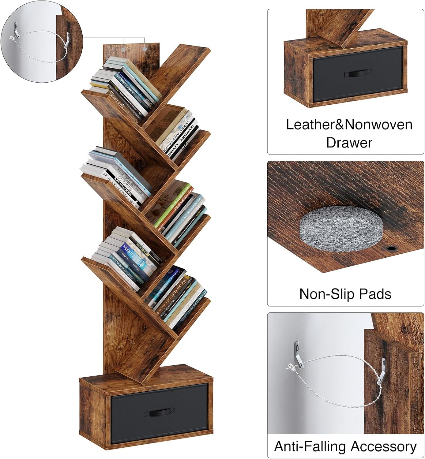 Rolanstar Bookshelf with Drawer, 7 Shelf Tree Bookshelf, Wooden Bookshelves Storage Rack for CDs/Movies/Books, Rustic Brown Bookcase, Utility Organizer Shelves for Living Room, Bedroom - Image 6