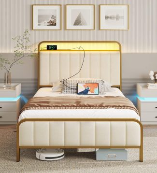 Rolanstar Twin Size Bed Frame with LED Light and Charging Station, 1