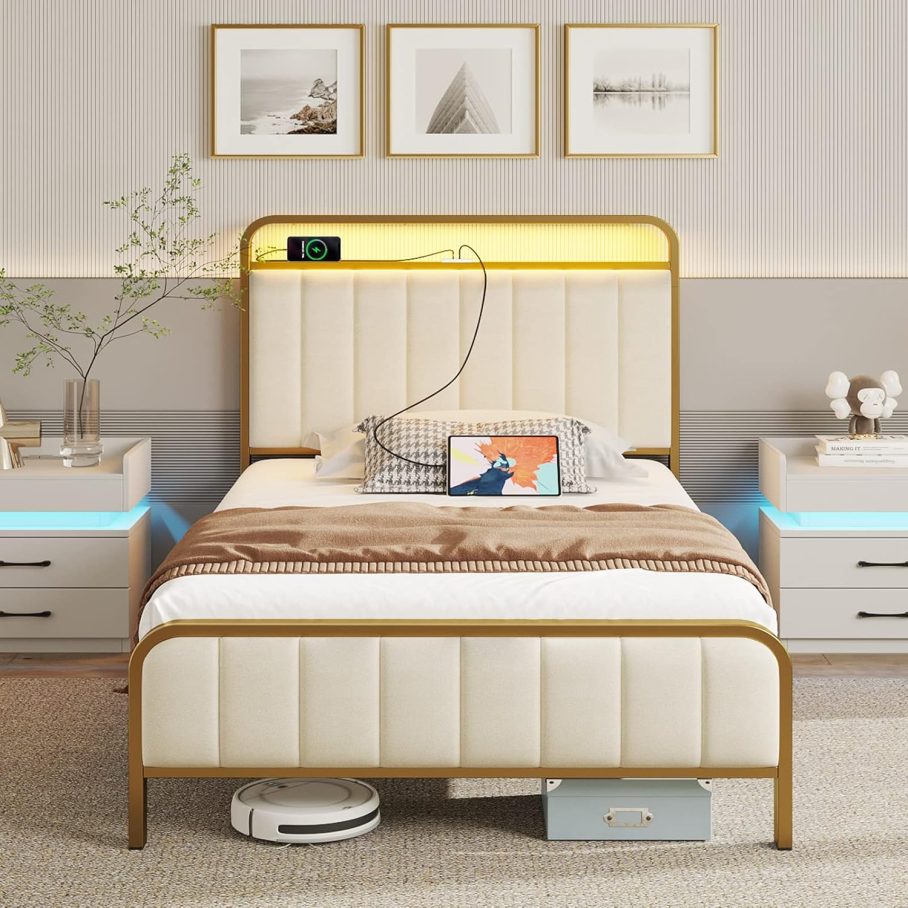 Rolanstar Twin Size Bed Frame with LED Light and Charging Station, 1