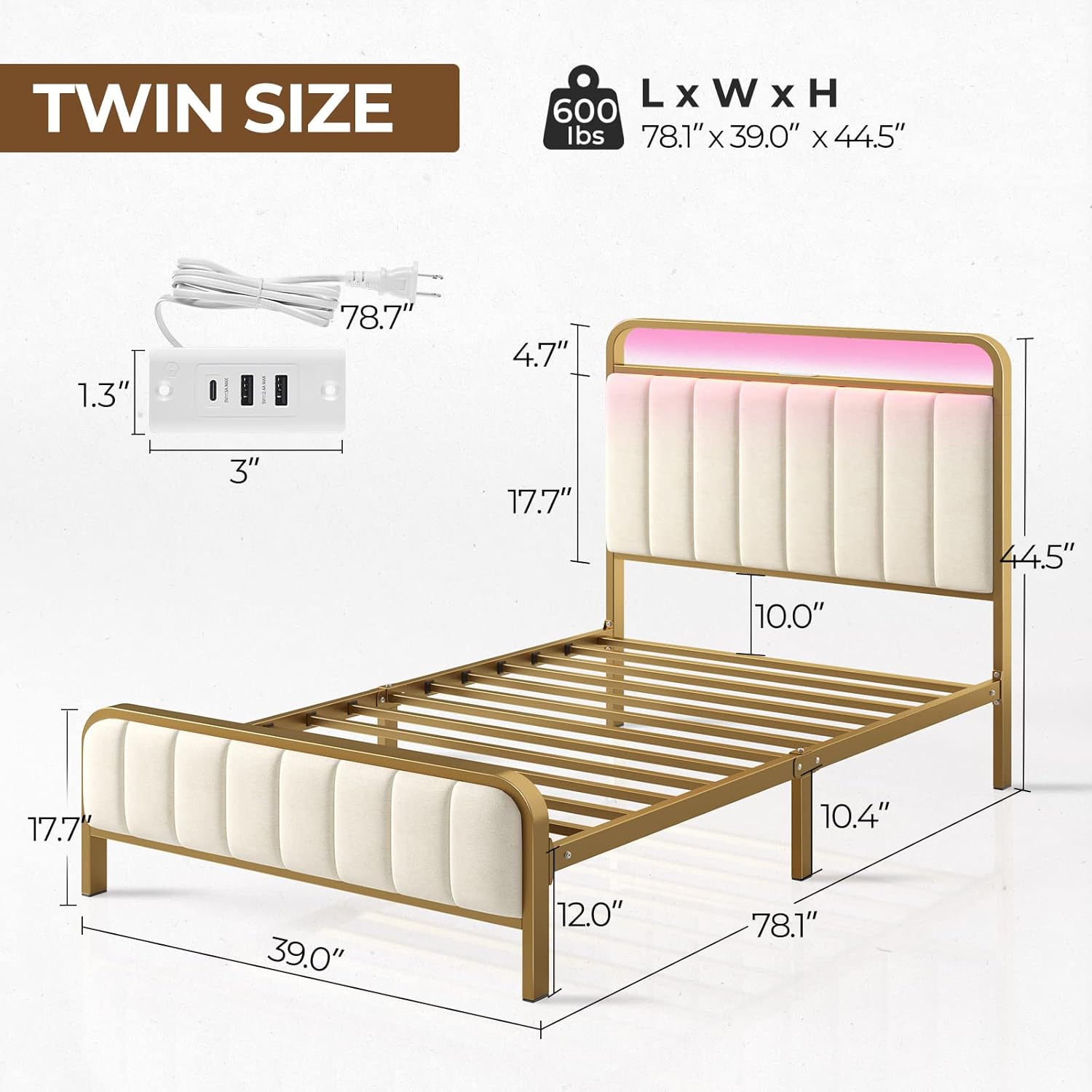 Rolanstar Twin Size Bed Frame with LED Light and Charging Station, 1 - Image 2