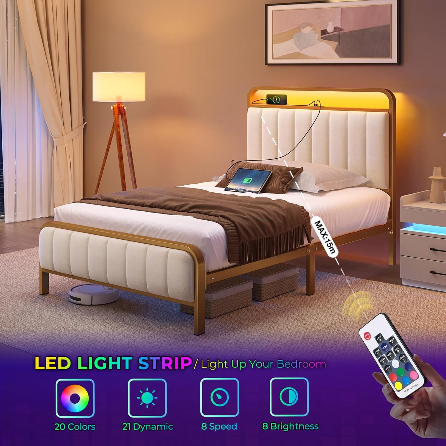 Rolanstar Twin Size Bed Frame with LED Light and Charging Station, 1 - Image 3