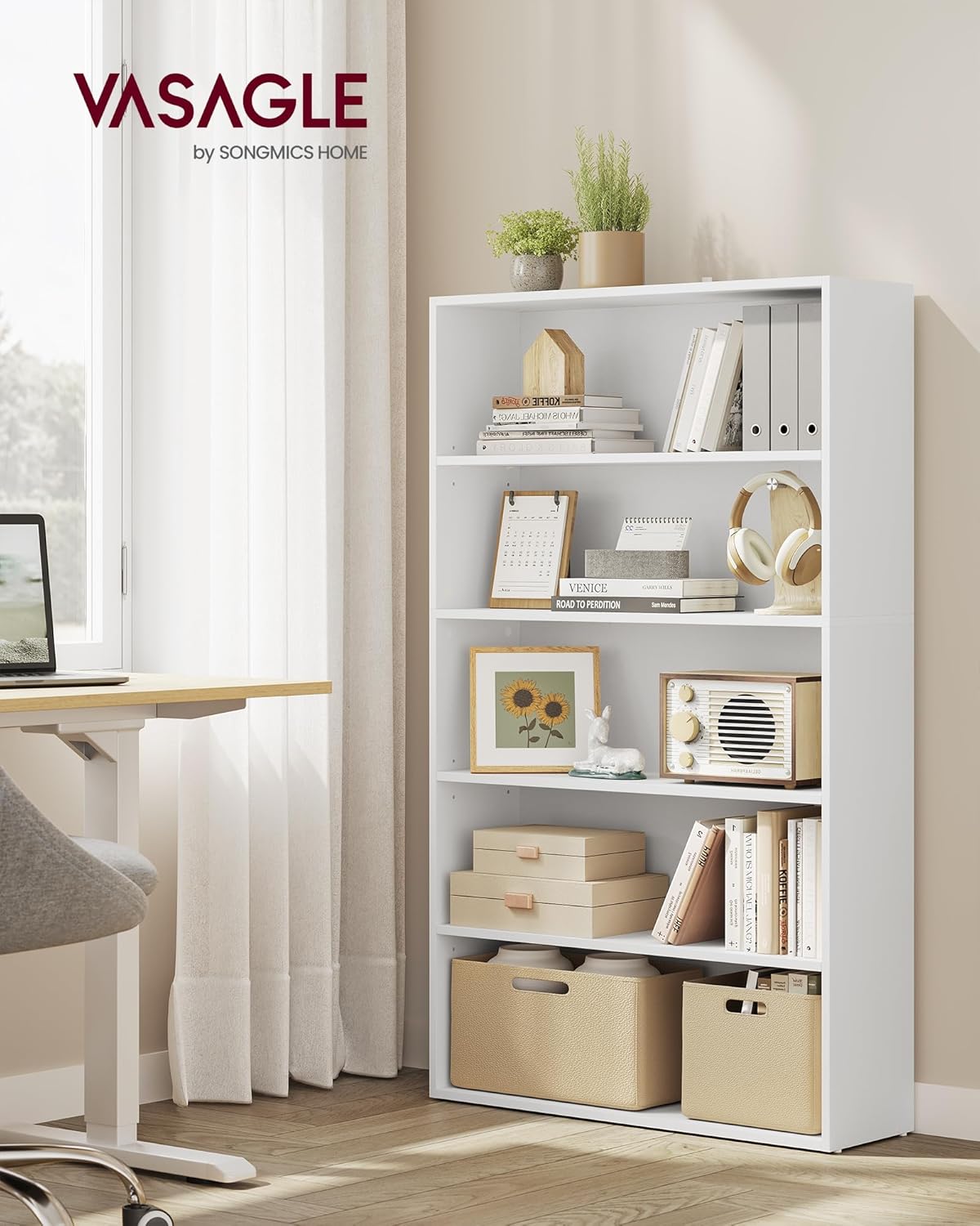 VASAGLE Custos Collection - Bookshelf, 5-Tier Bookcase, Book Shelf, Open Storage Shelf, 9.4 x 30 x 52.8 Inches, for Living Room, Home Office, Dinning Room, Cloud White ULBC175T14 - Image 2