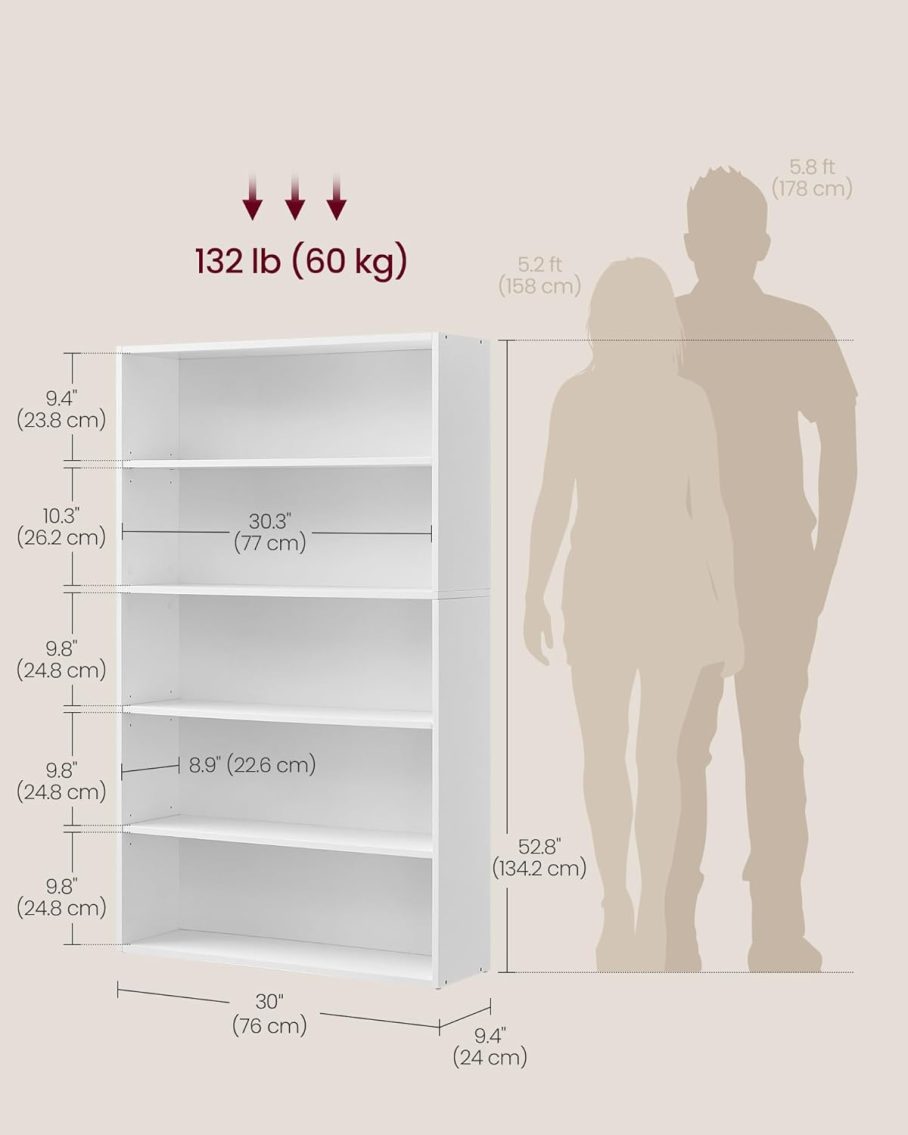 VASAGLE Custos Collection - Bookshelf, 5-Tier Bookcase, Book Shelf, Open Storage Shelf, 9.4 x 30 x 52.8 Inches, for Living Room, Home Office, Dinning Room, Cloud White ULBC175T14 - Image 3