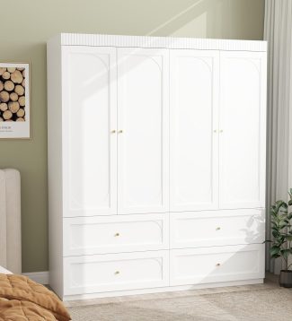 White Wardrobe Closet with 4 Doors, 74" Modern Wardrobe Storage Wooden Closet with 4 Drawers, Large Bedroom Armoire with Hanging Rod, Grooved Armoire with Shelves (White)