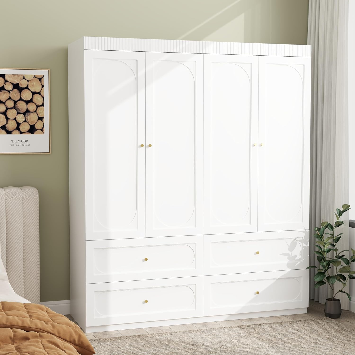 White Wardrobe Closet with 4 Doors, 74" Modern Wardrobe Storage Wooden Closet with 4 Drawers, Large Bedroom Armoire with Hanging Rod, Grooved Armoire with Shelves (White)