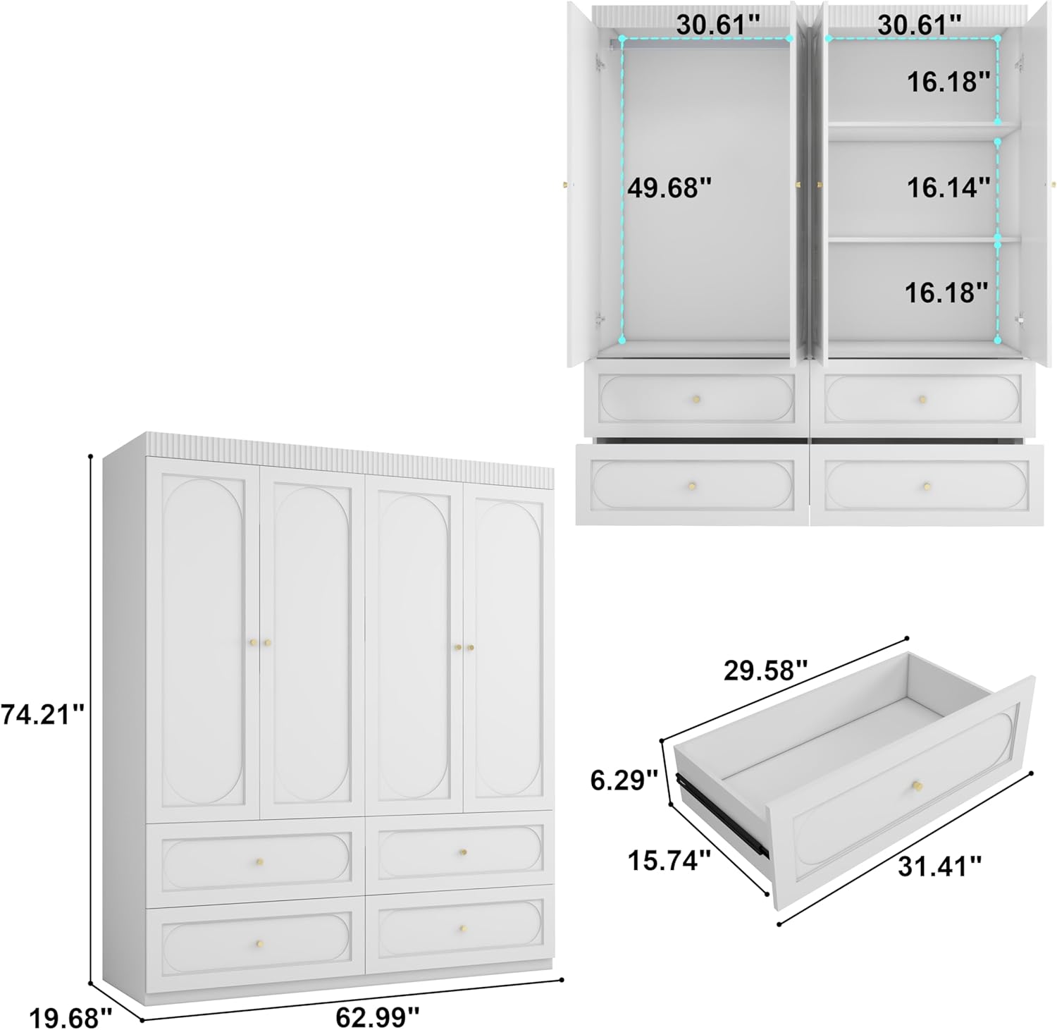 White Wardrobe Closet with 4 Doors, 74" Modern Wardrobe Storage Wooden Closet with 4 Drawers, Large Bedroom Armoire with Hanging Rod, Grooved Armoire with Shelves (White) - Image 2