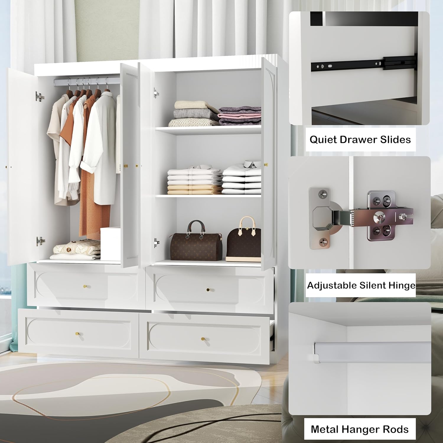 White Wardrobe Closet with 4 Doors, 74" Modern Wardrobe Storage Wooden Closet with 4 Drawers, Large Bedroom Armoire with Hanging Rod, Grooved Armoire with Shelves (White) - Image 3