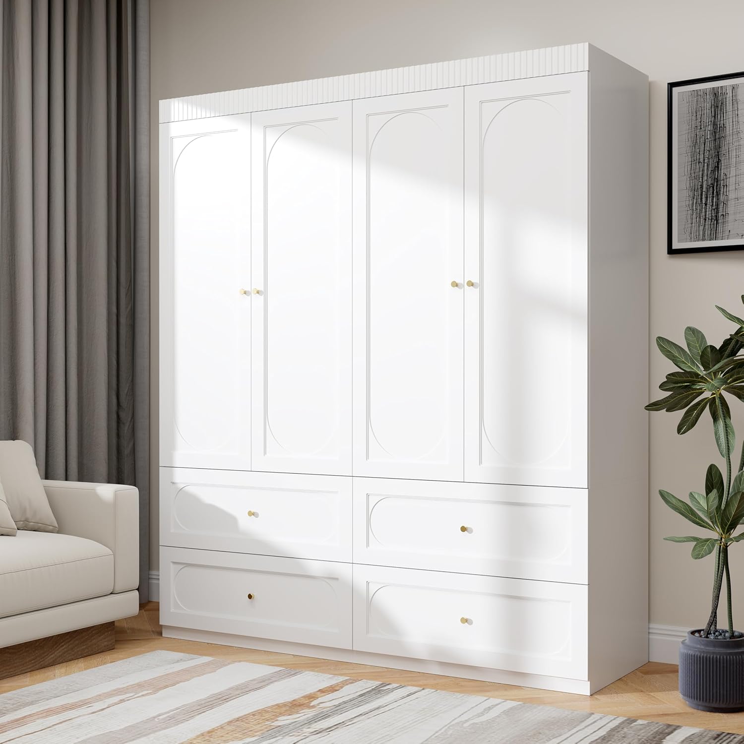 White Wardrobe Closet with 4 Doors, 74" Modern Wardrobe Storage Wooden Closet with 4 Drawers, Large Bedroom Armoire with Hanging Rod, Grooved Armoire with Shelves (White) - Image 4