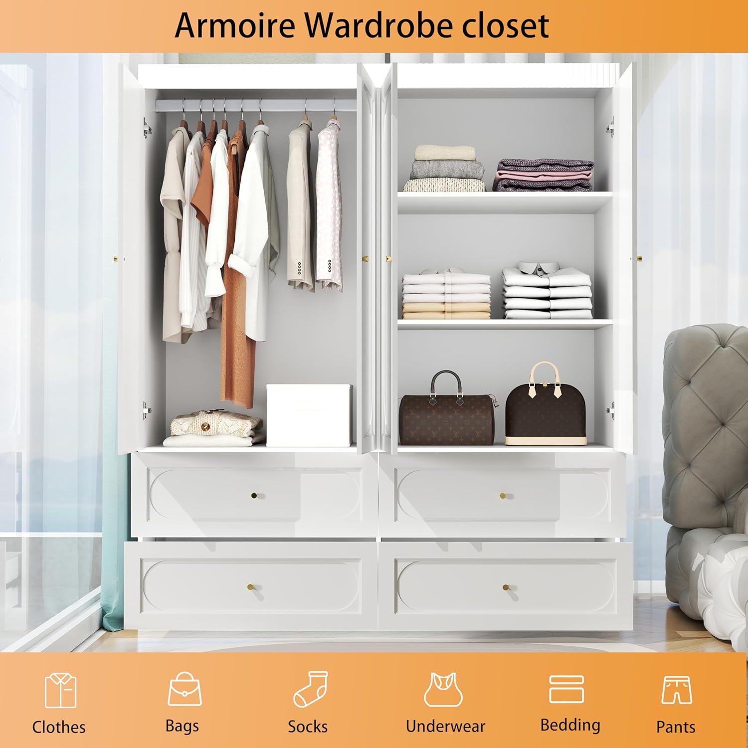 White Wardrobe Closet with 4 Doors, 74" Modern Wardrobe Storage Wooden Closet with 4 Drawers, Large Bedroom Armoire with Hanging Rod, Grooved Armoire with Shelves (White) - Image 5