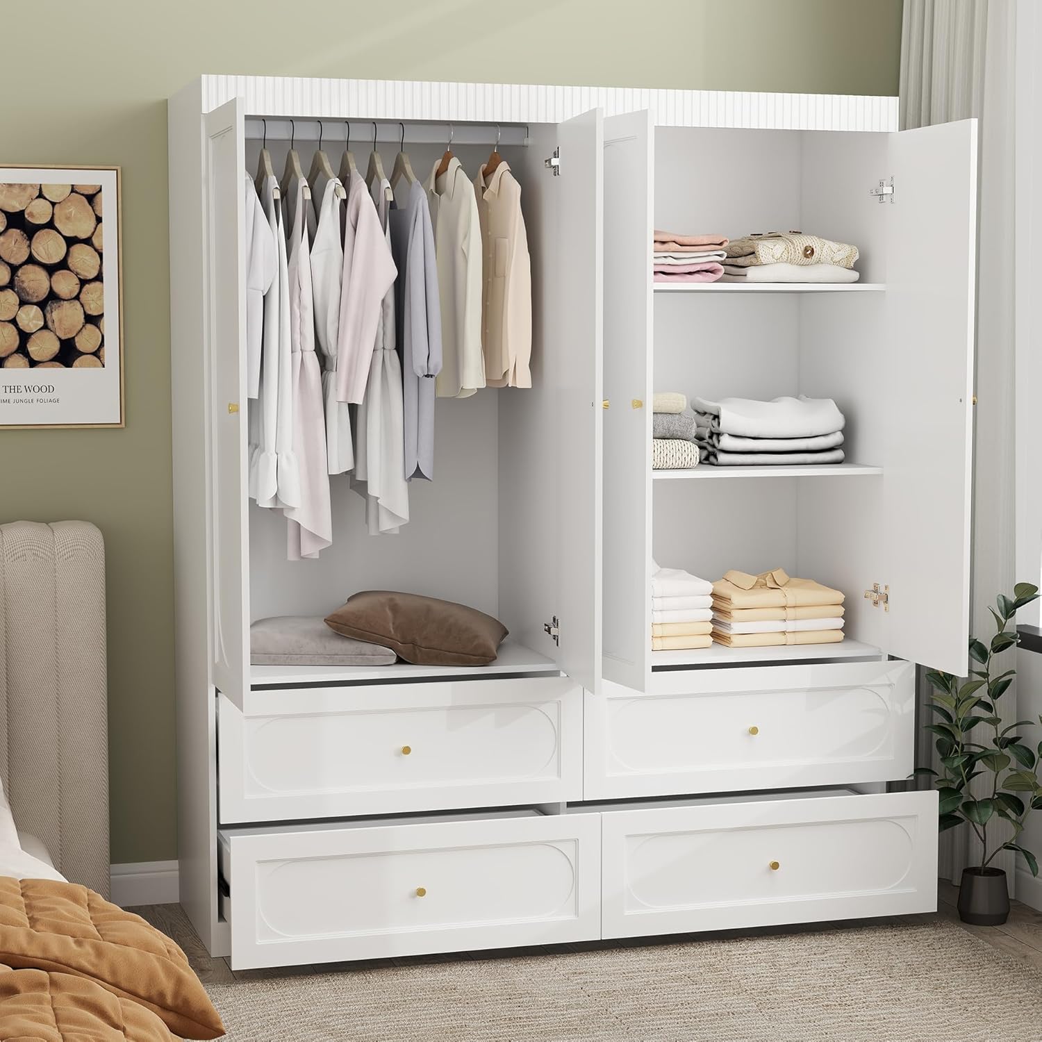 White Wardrobe Closet with 4 Doors, 74" Modern Wardrobe Storage Wooden Closet with 4 Drawers, Large Bedroom Armoire with Hanging Rod, Grooved Armoire with Shelves (White) - Image 6