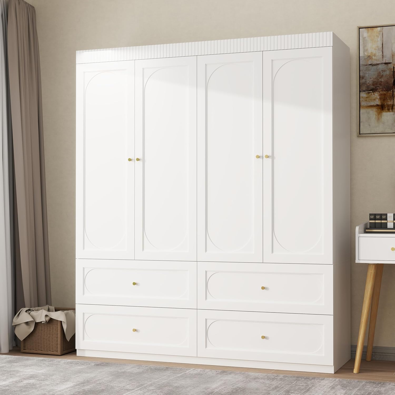 White Wardrobe Closet with 4 Doors, 74" Modern Wardrobe Storage Wooden Closet with 4 Drawers, Large Bedroom Armoire with Hanging Rod, Grooved Armoire with Shelves (White) - Image 7